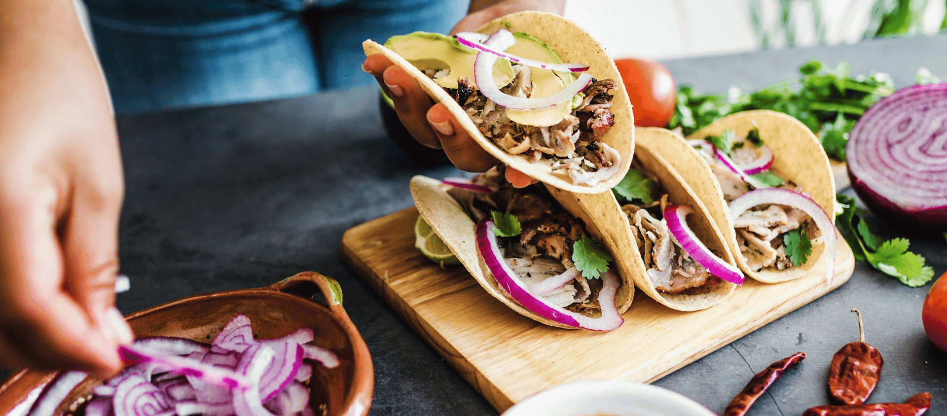 Build your own taco bar with assorted toppings and tortillas.