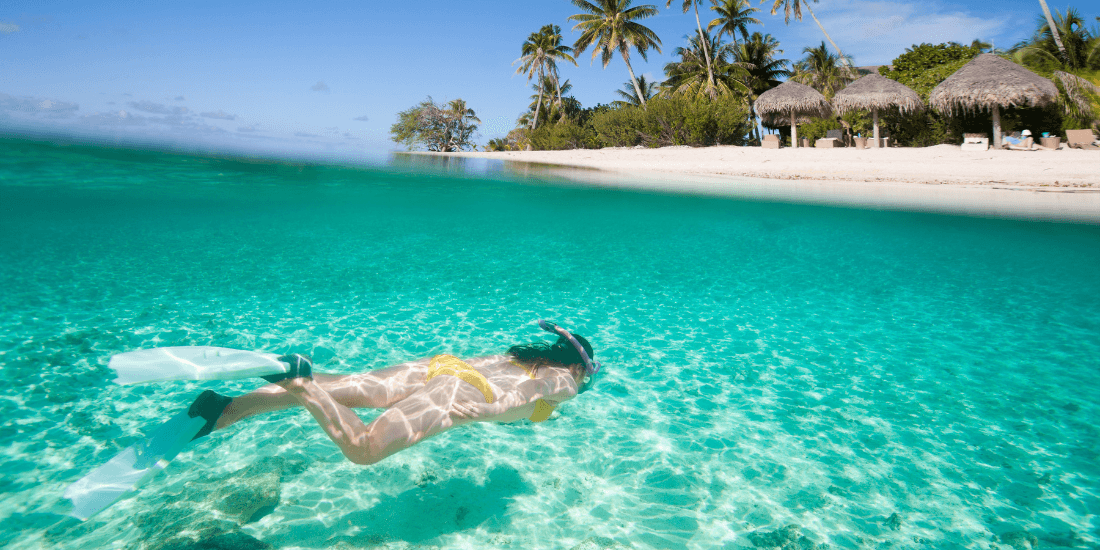 Person snorkeling in shallow turquoise water near a tropical beach.