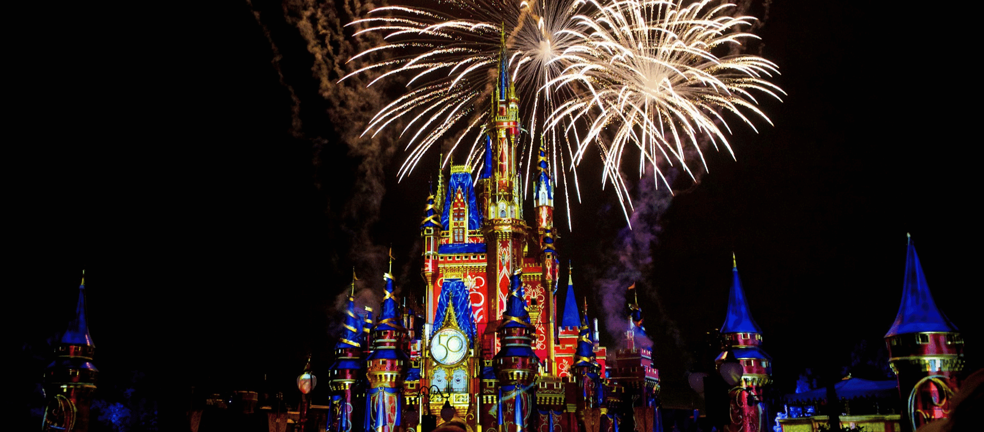 Cinderella's castle at Disney World with fireworks in the background