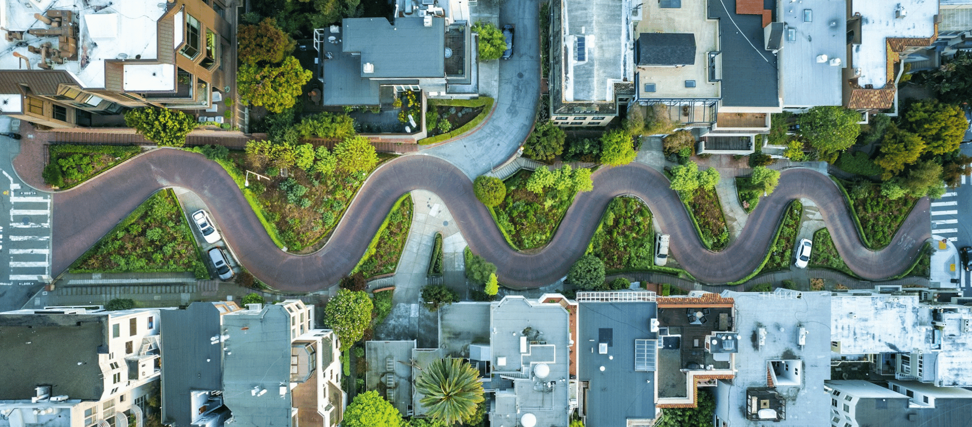 Aerial view of the winding curves of Lombard Street in San Francisco.