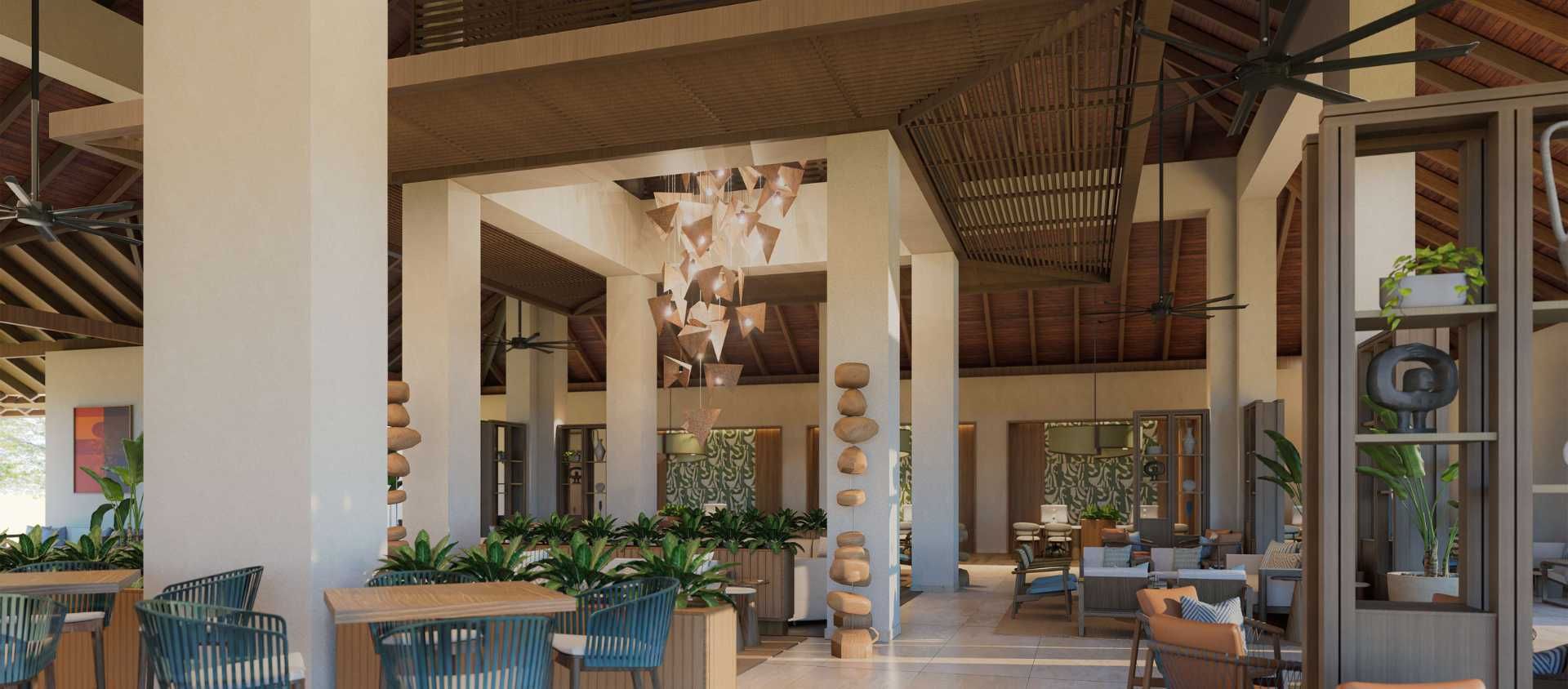 Open-air lobby lounge at Hyatt Vivid Punta Cana with tropical decor.