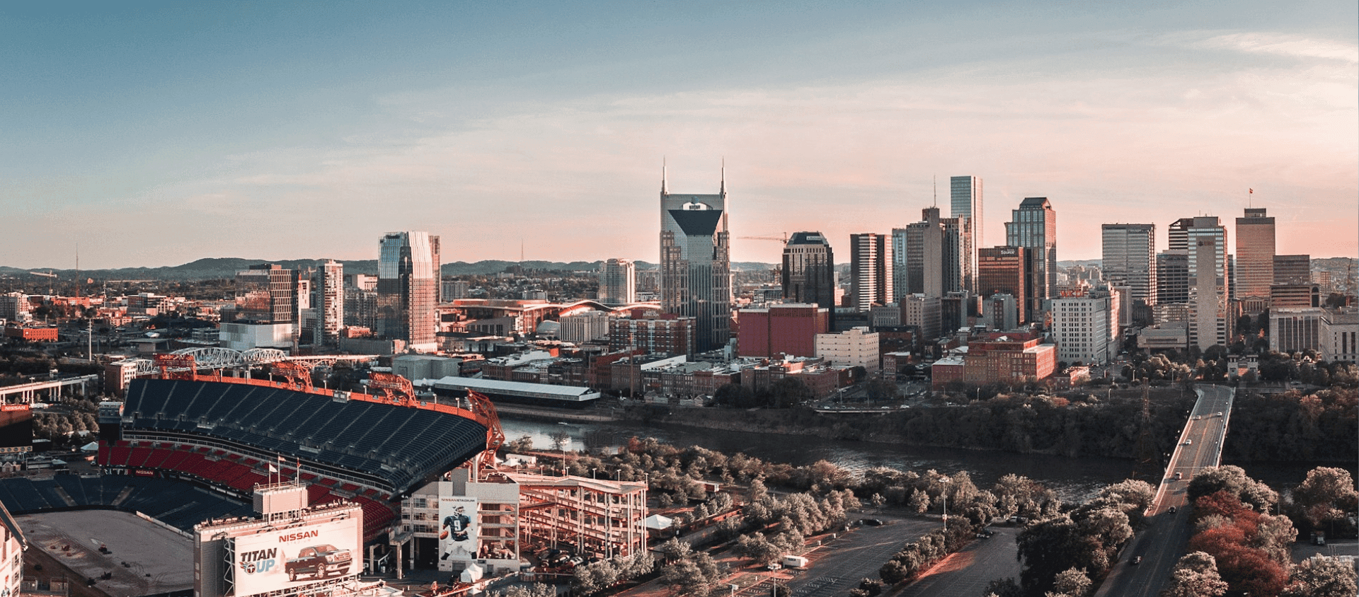 Downtown Nashville skyline at sunset.