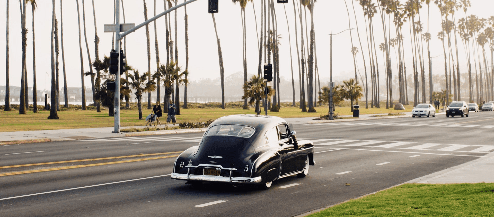 Black car driving on a palm-tree lined street