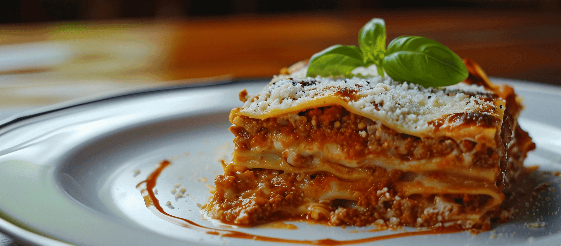 Slice of lasagna on a white plate.