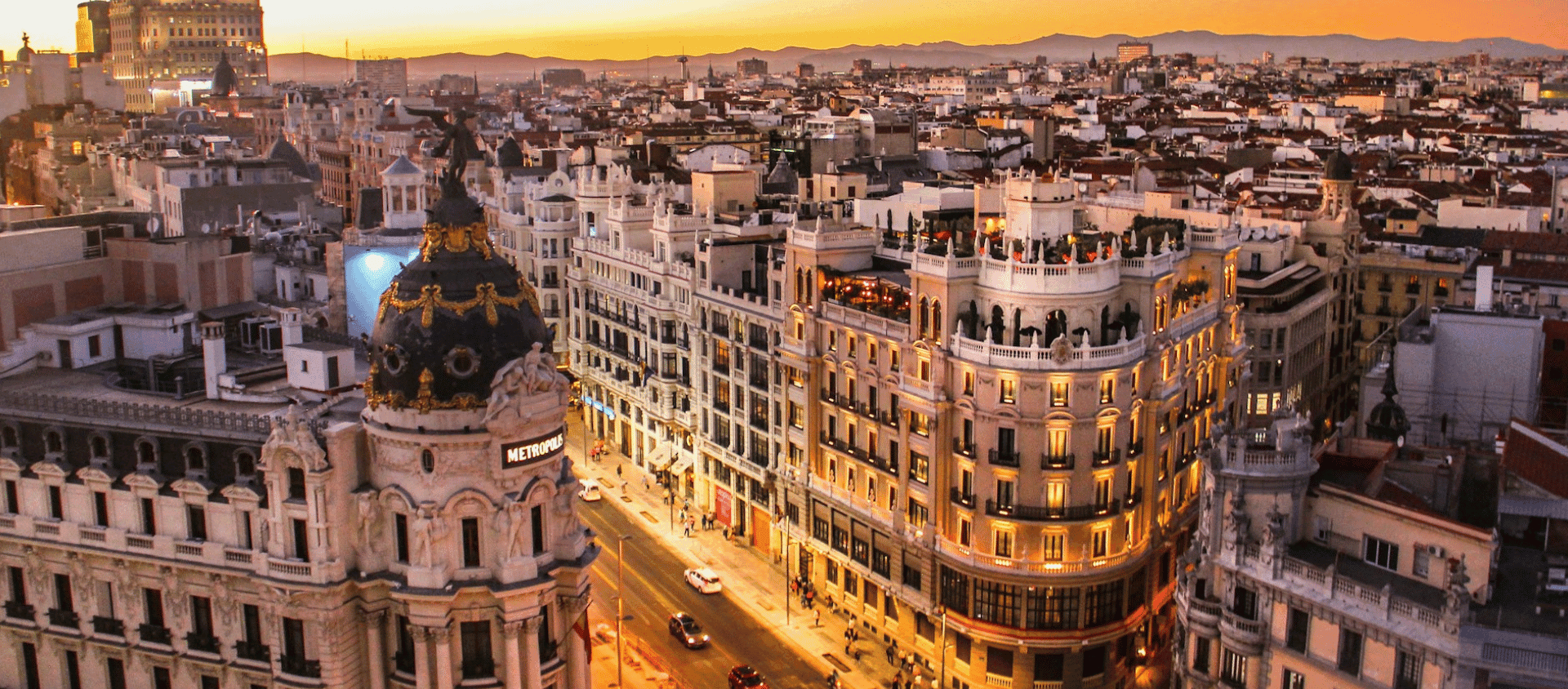 Madrid skyline at sunset with the Metropolis Building
