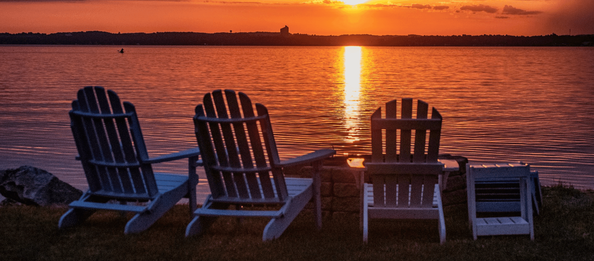 Chairs overlooking a sunset at Traverse Bay, Michigan