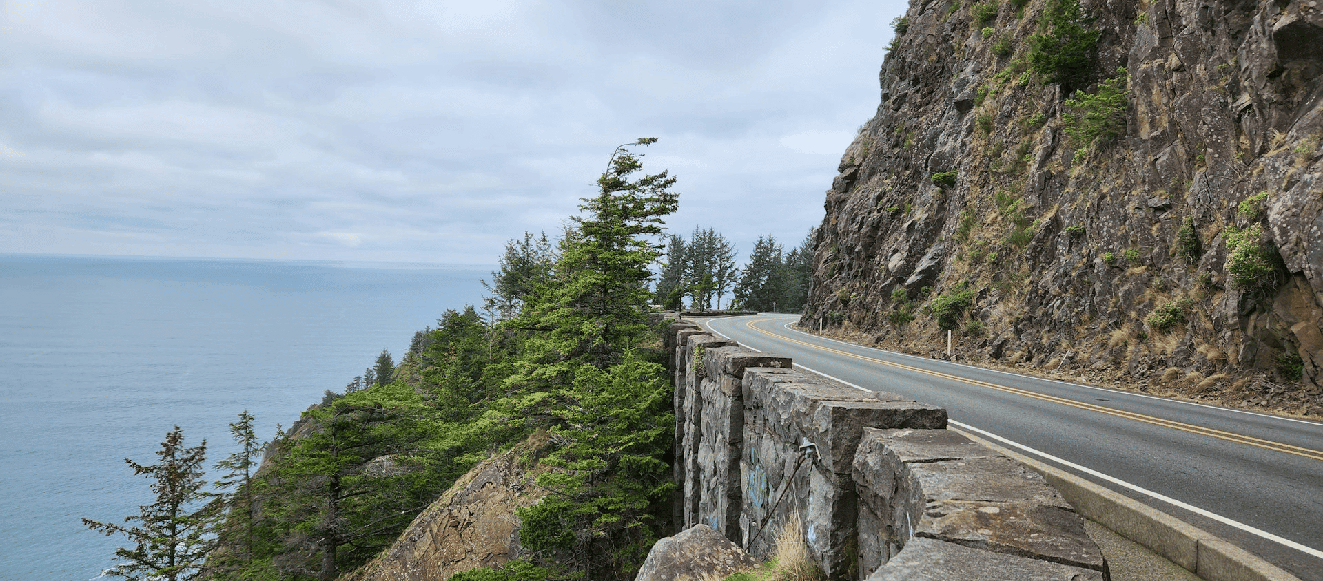 Winding coastal highway along forested cliffs above the Pacific Ocean on the PCH.