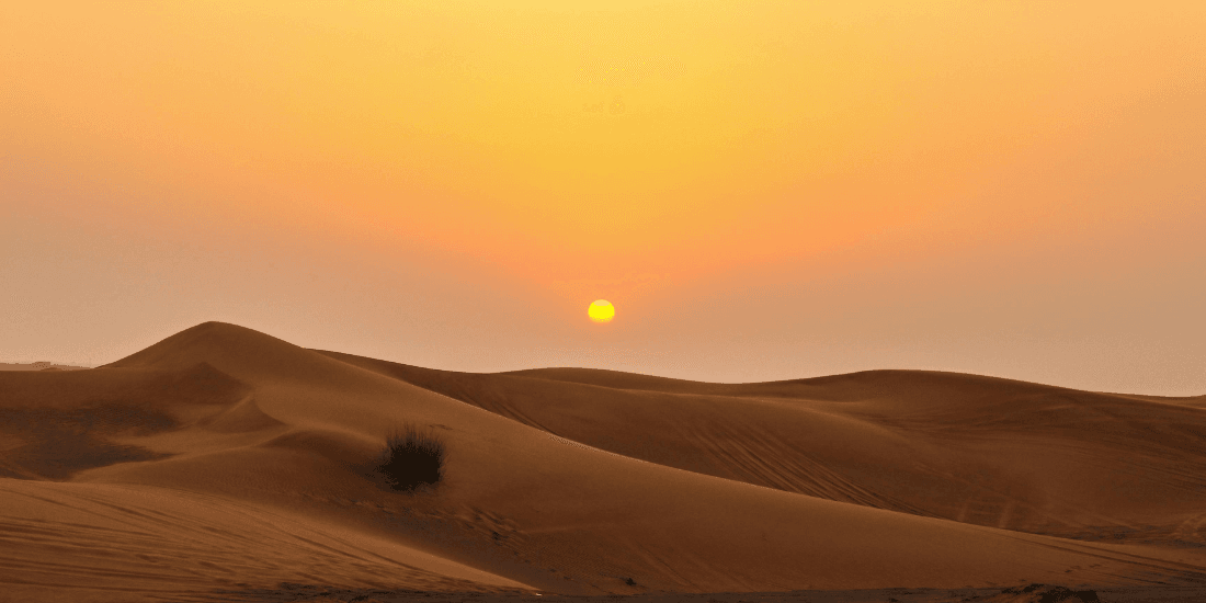Golden sand dunes at sunset in the Dubai desert.