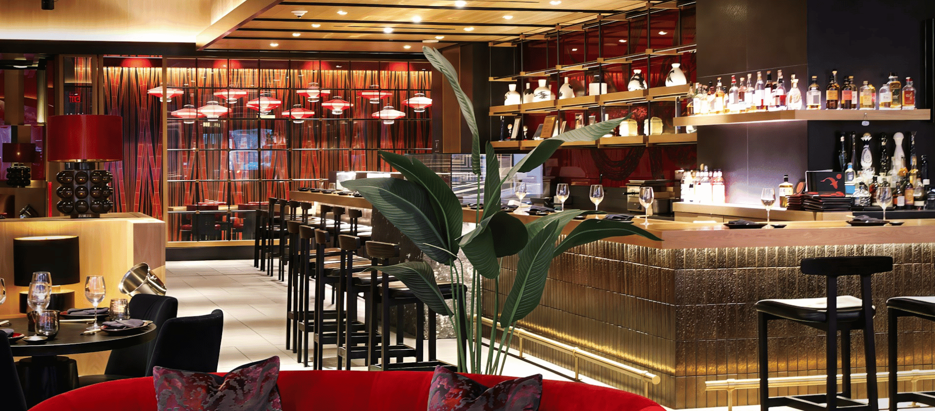 Modern upscale bar and restaurant interior at Resorts World Las Vegas.