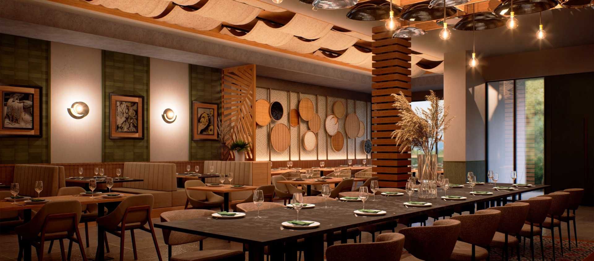 Restaurant dining room at Hyatt Vivid Punta Cana with warm ambient lighting.