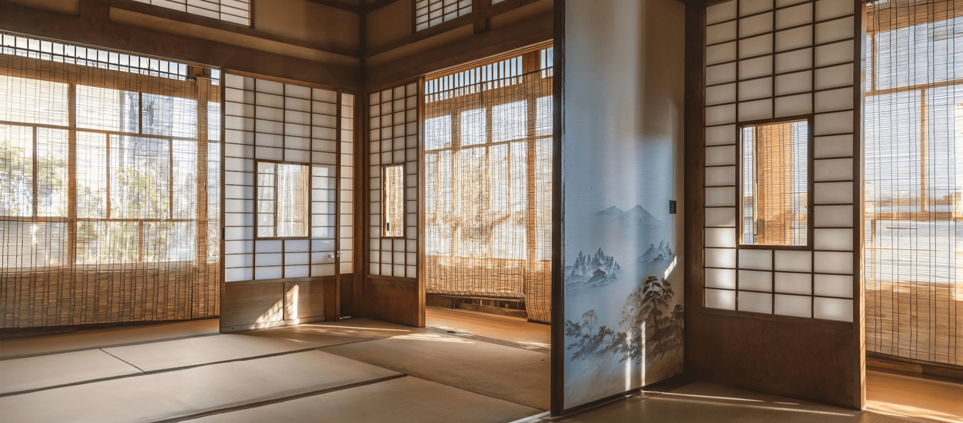 Traditional Japanese room with tatami mats and shoji screens.