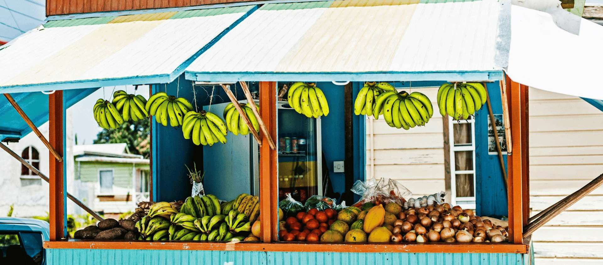 Colorful roadside Bajan fruit stand in Barbados with bunches of bananas hanging from the awning and crates of tropical produce.