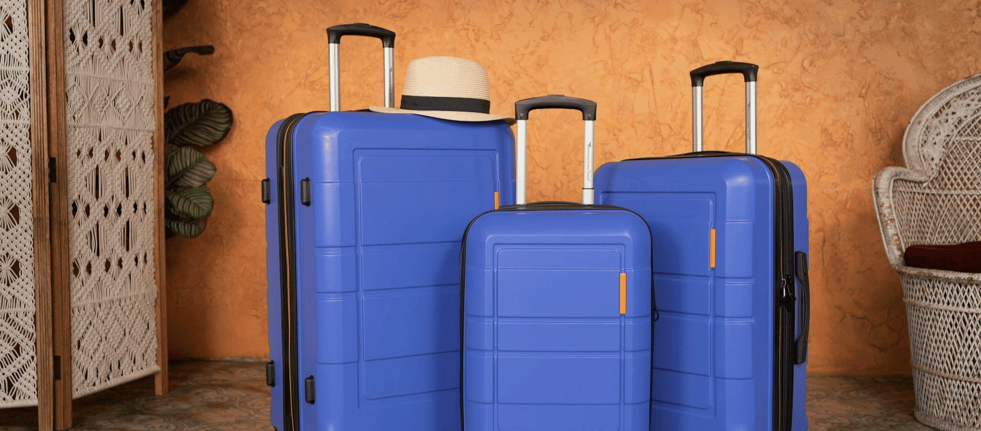 Honeymoon luggage set sitting next to each other.
