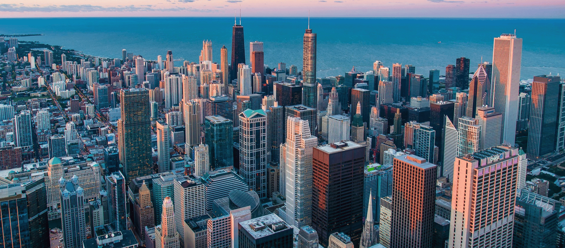Chicago city architecture and skyscrapers near the waterfront.
