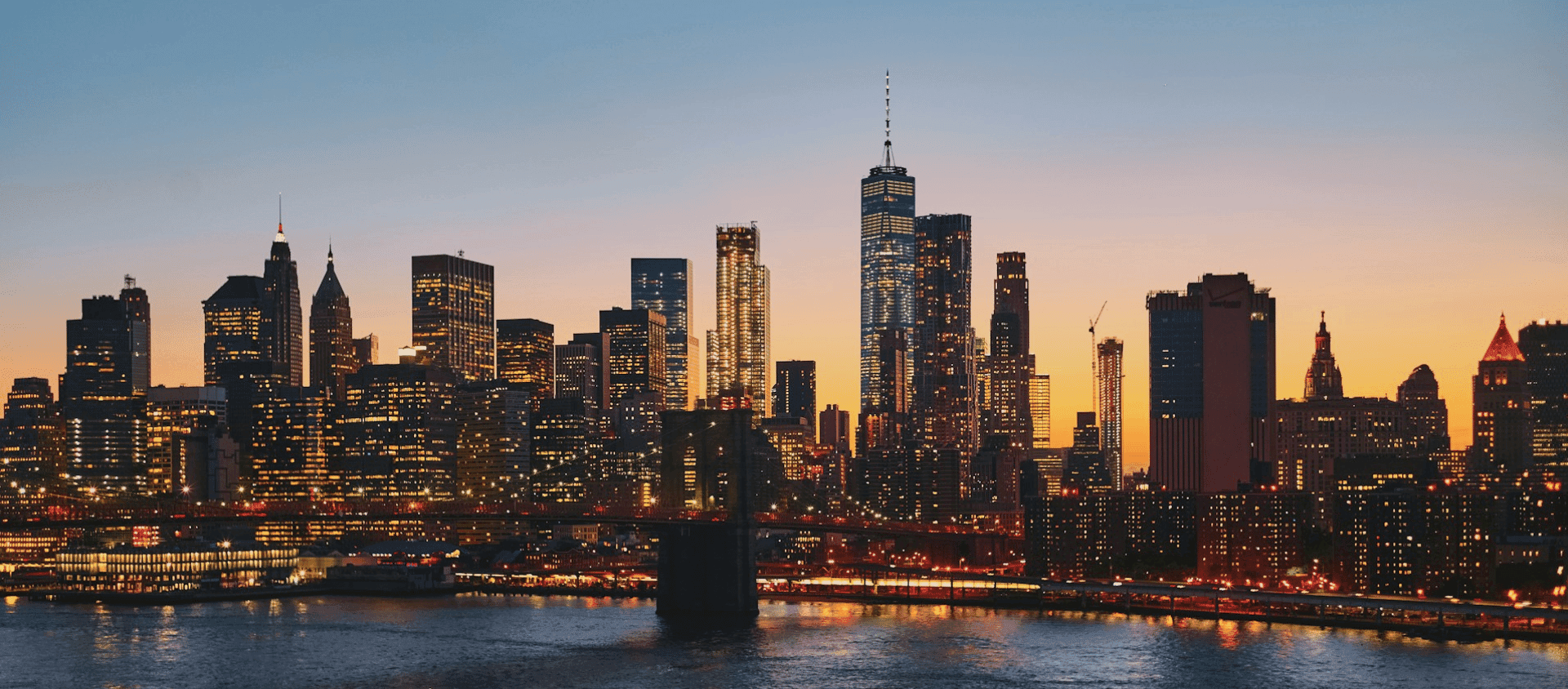 Manhattan, New York skyline and sunset.