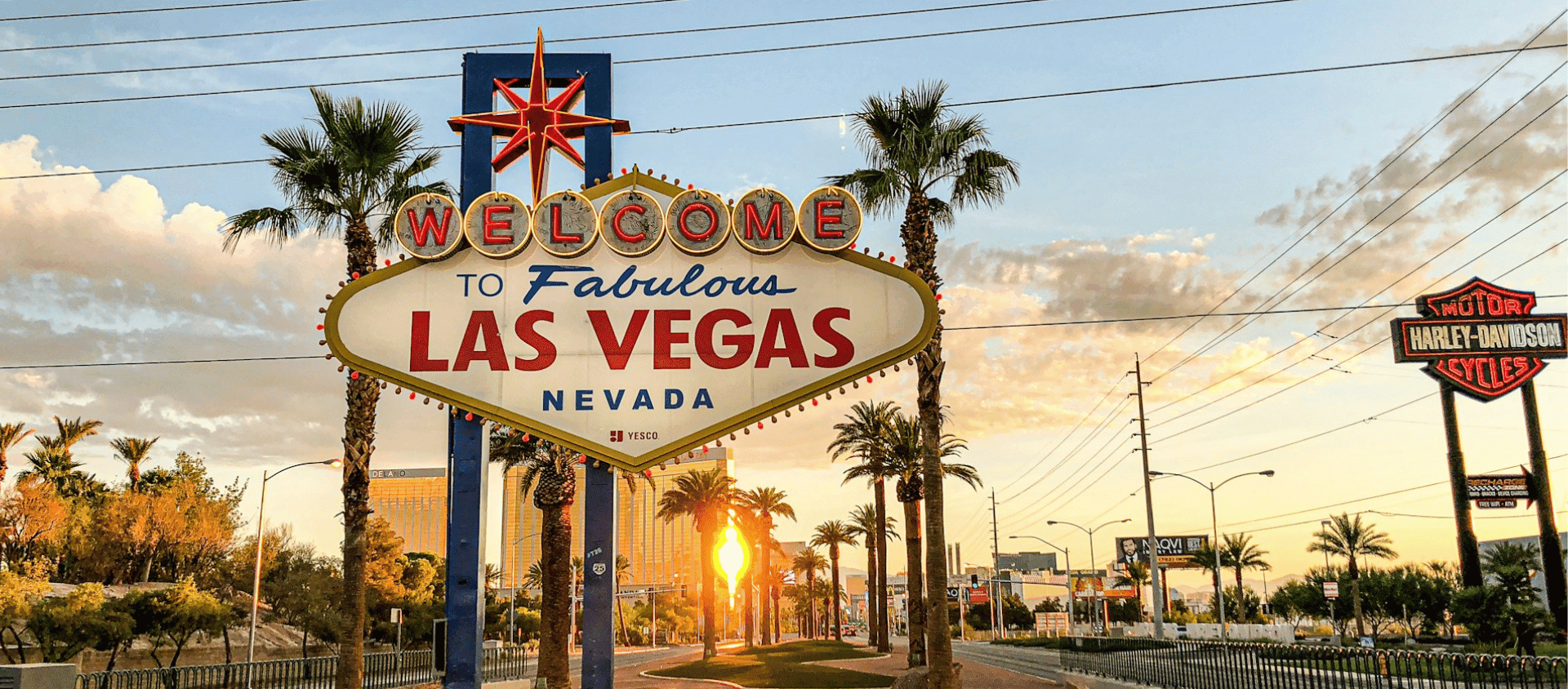 The iconic Welcome to Fabulous Las Vegas Nevada sign at sunset.