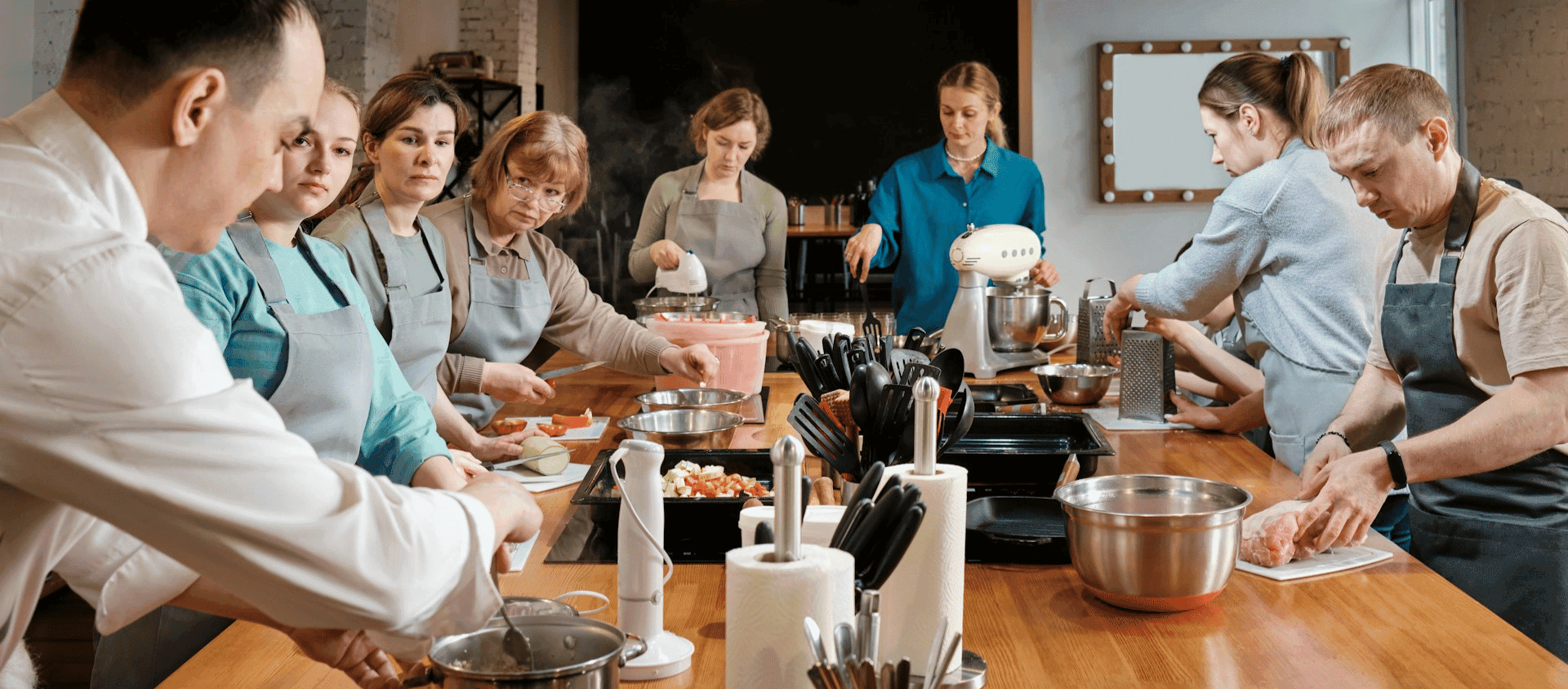 People participating in a cooking class in a kitchen.