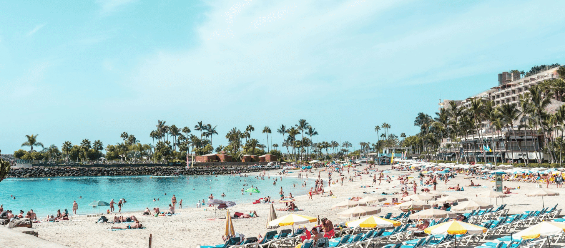 Busy beach resort with palm trees in the Canary Islands.