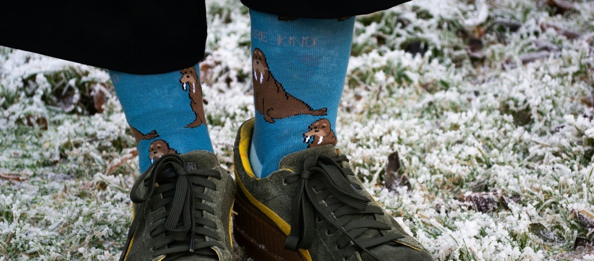 "Blue animal-print novelty socks worn with green sneakers in a snowy yard.
