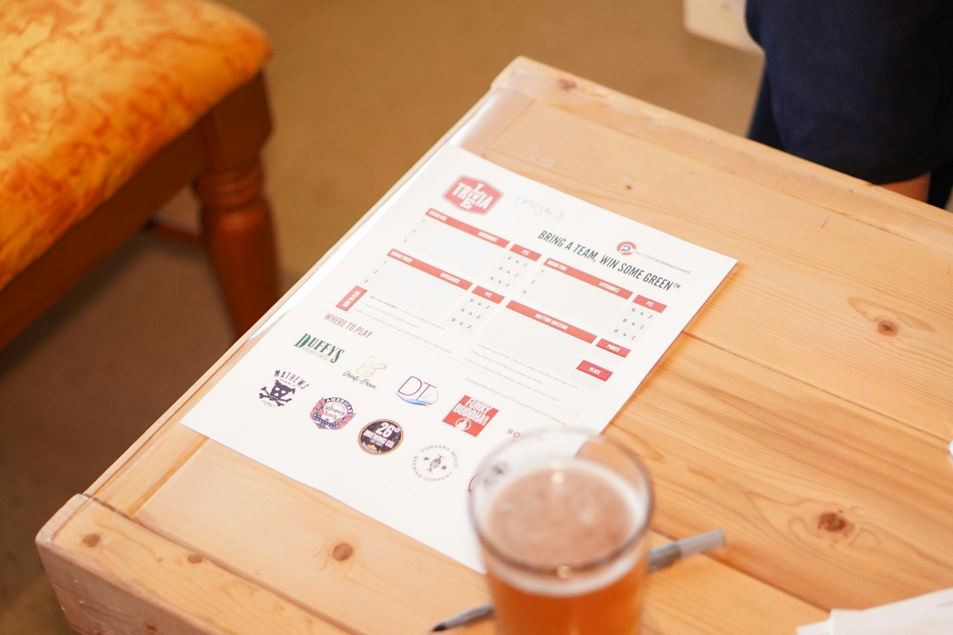 Trivia score sheet on a table during a casual group game night.