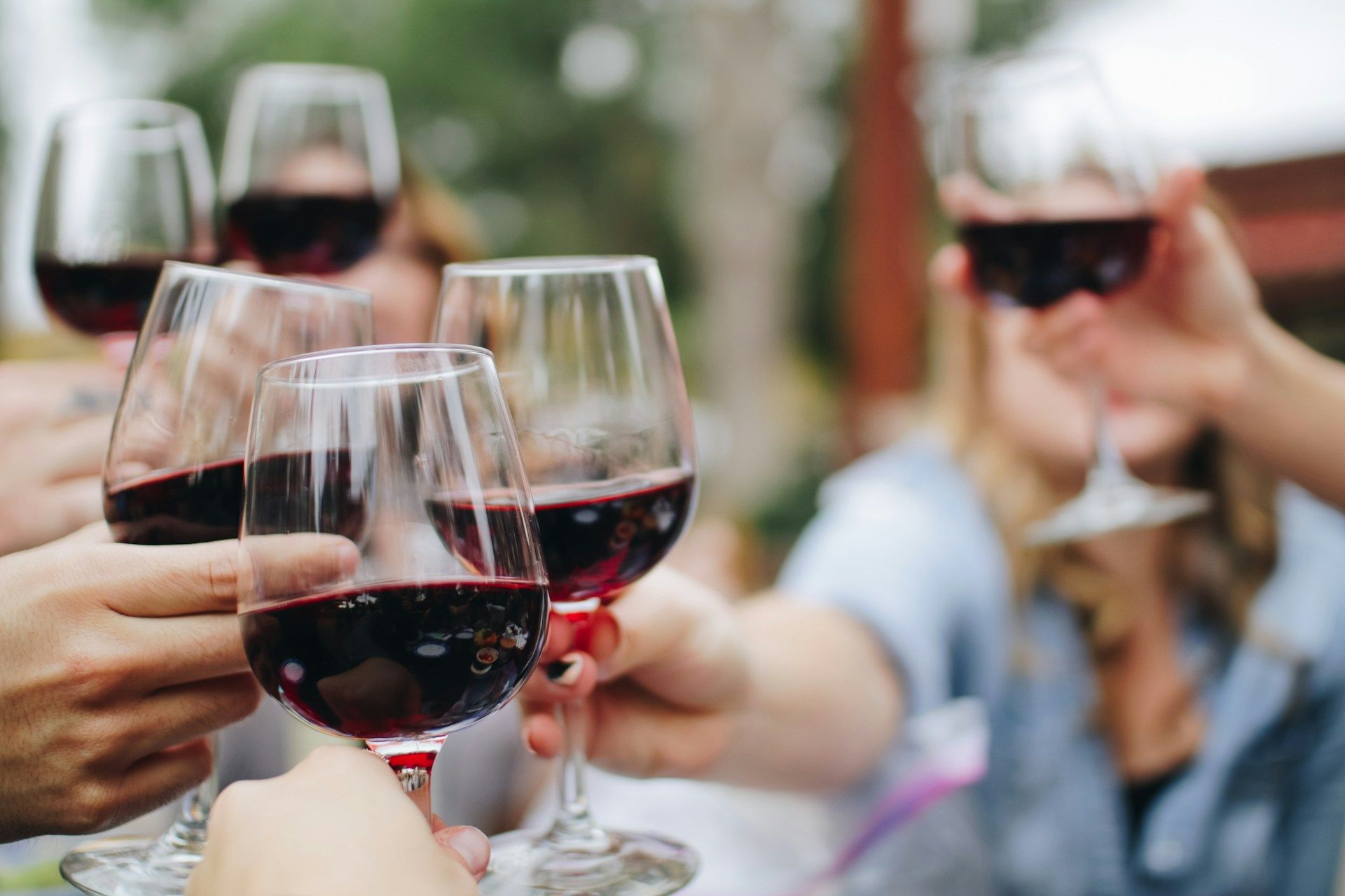 Group of people toasting with glasses of red wine at an outdoor wine tasting.