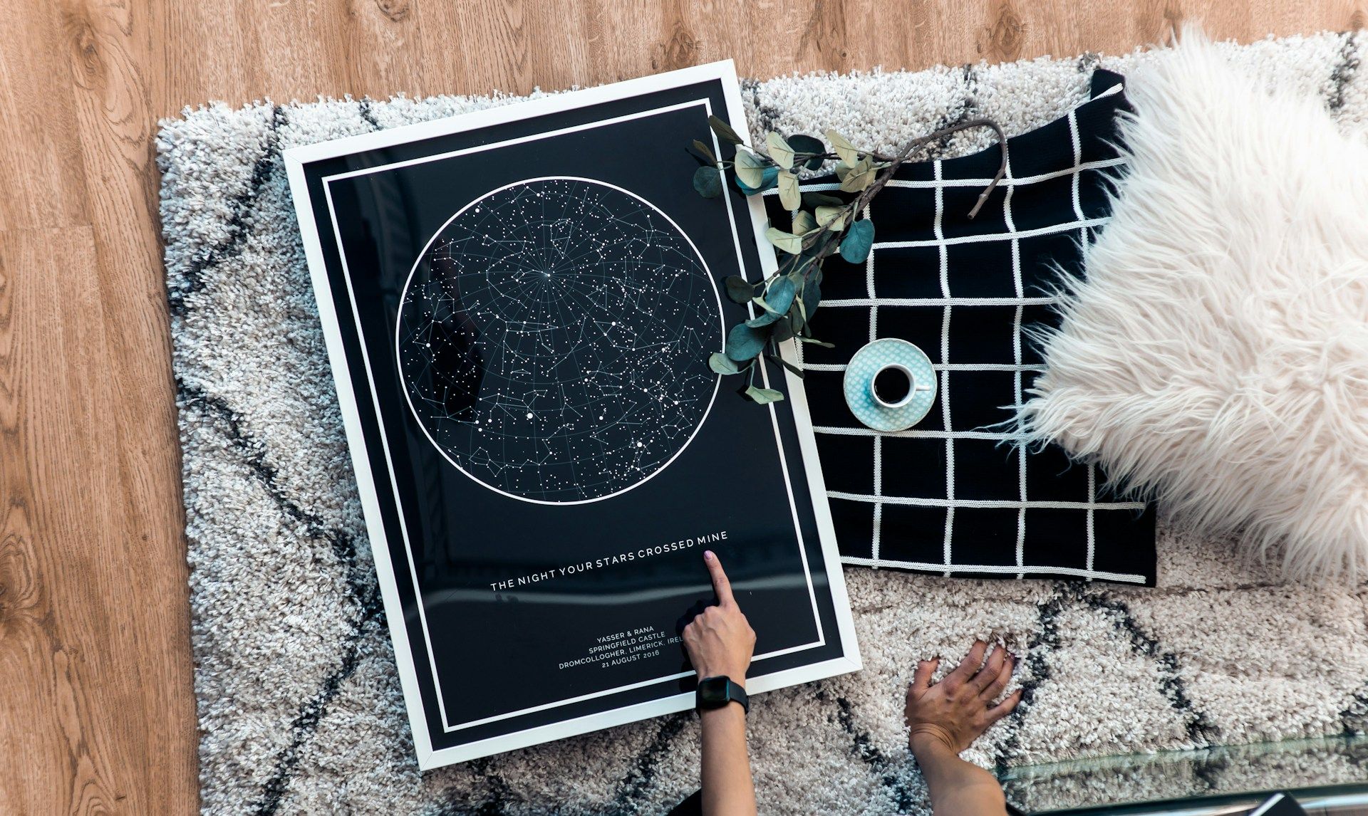 Custom star map print showing the night sky on a couple's wedding date.