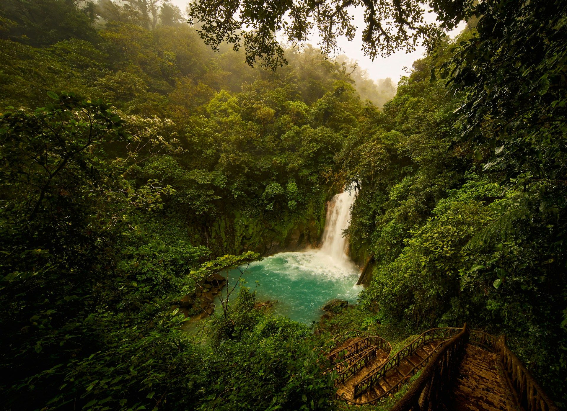 Waterfall flowing into a turquoise pool surrounded by lush rainforest.